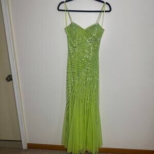 VINTAGE | CACHE Y2K Tinkerbell Chartreuse Green Sequin Godet Panels Tulle Dress
